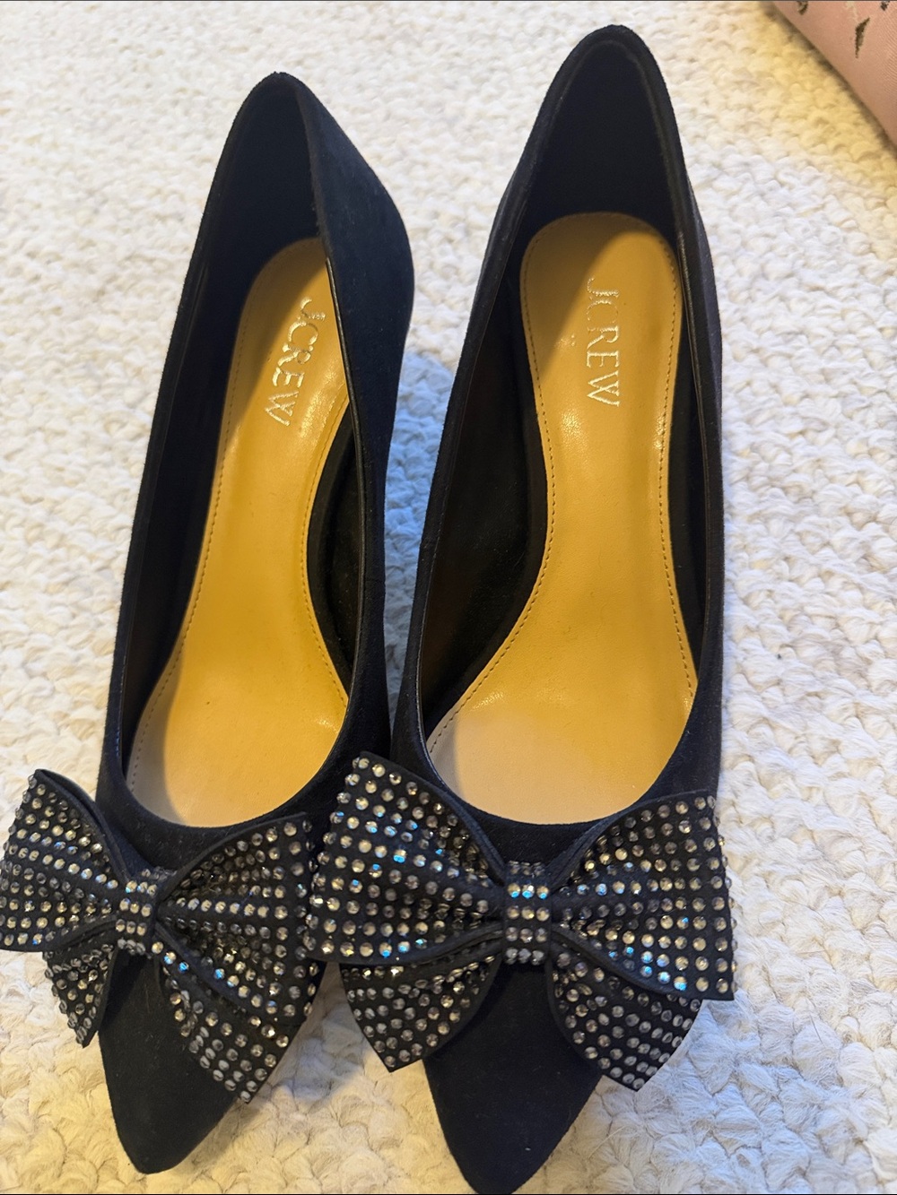 J. Crew Factory Black Suede Pointed Bow Rhinestone Pumps Size 7 1/2